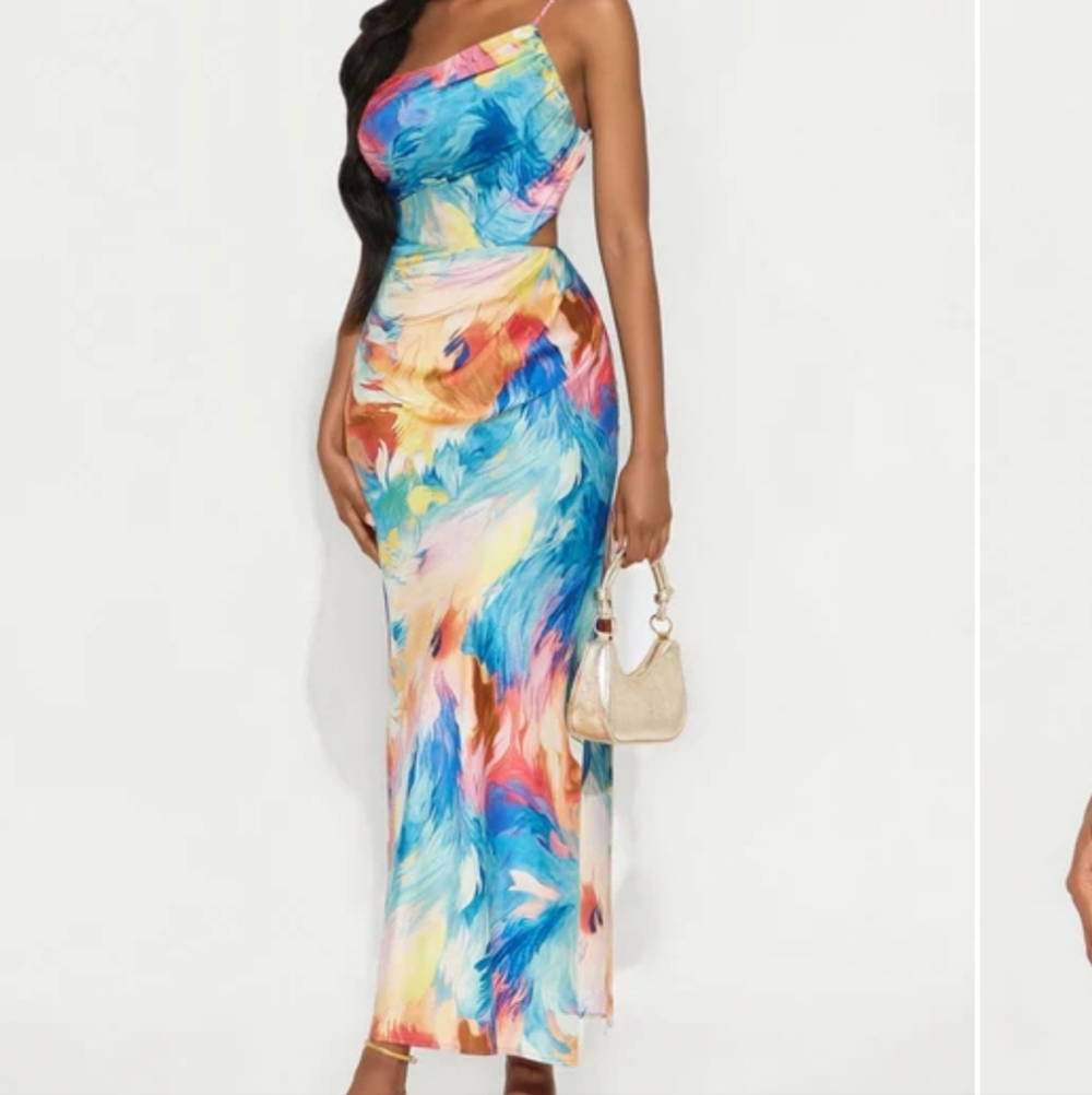 Nwt Sold Out fashion Nova Size L Janice Satin Maxi Dress - Blue/combo